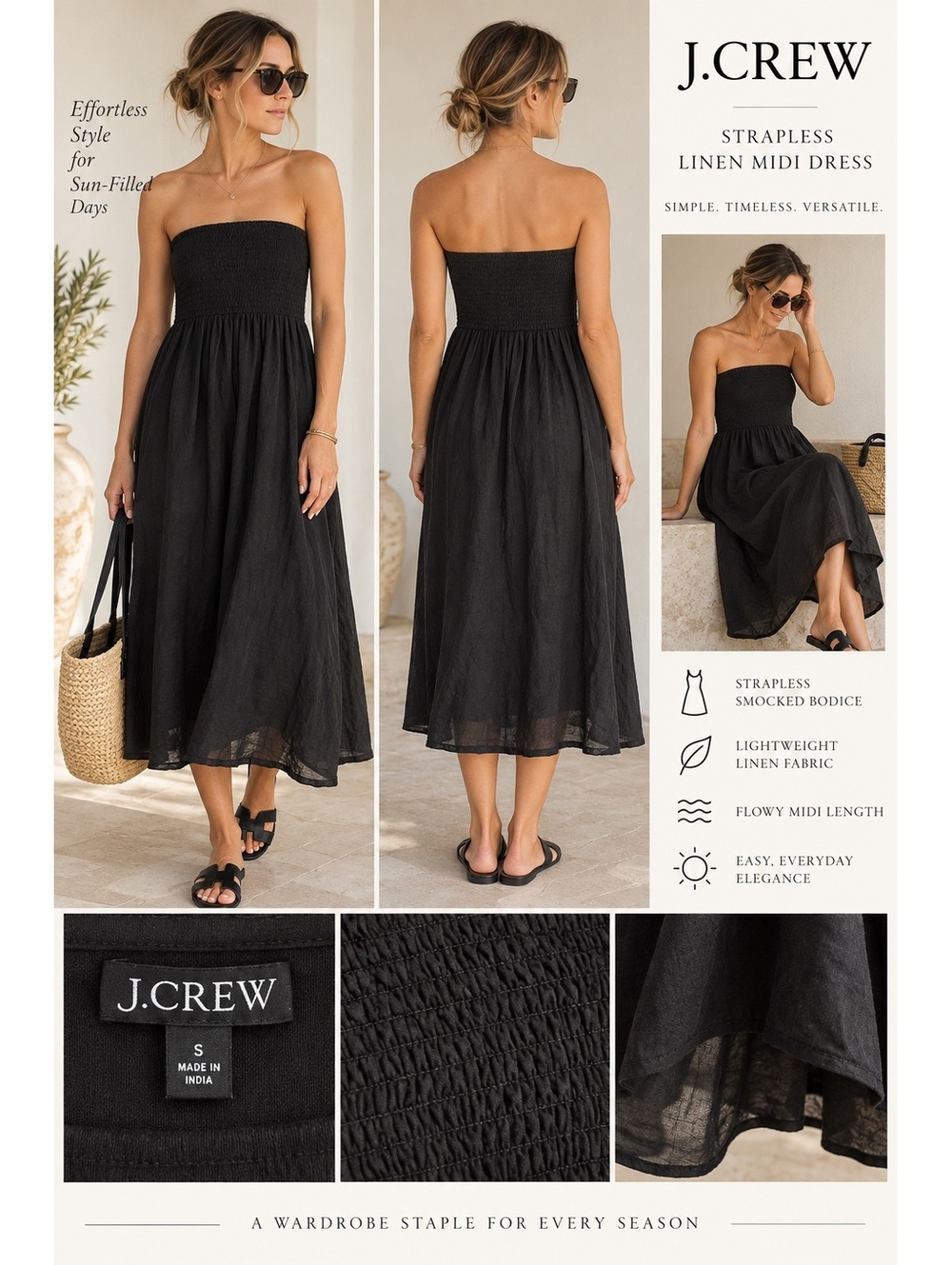 J.Crew Strapless NWT Linen Midi Dress with Smocked Bodice in Black, Size Small